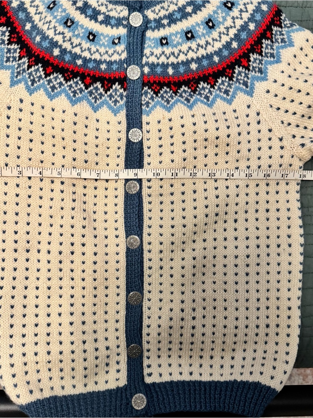 VTG Norwegian Norsk Husflid Fair Isle Wool Cardigan - Cream, Navy, Blue & Red - Picture 11 of 12